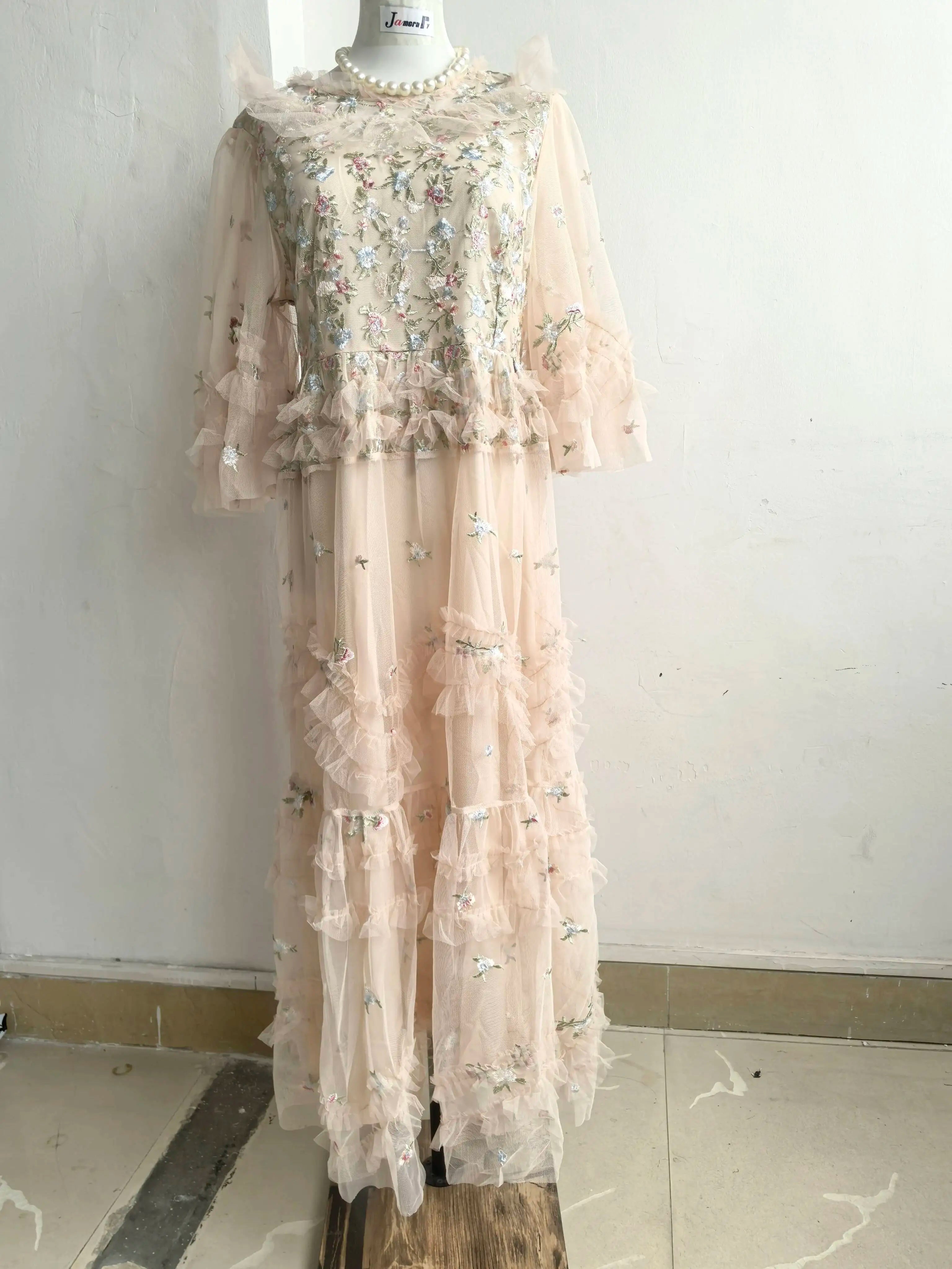 Luxury Embroidery Ruffle Midi Dress – Elegant Puff Sleeve Party Gown
