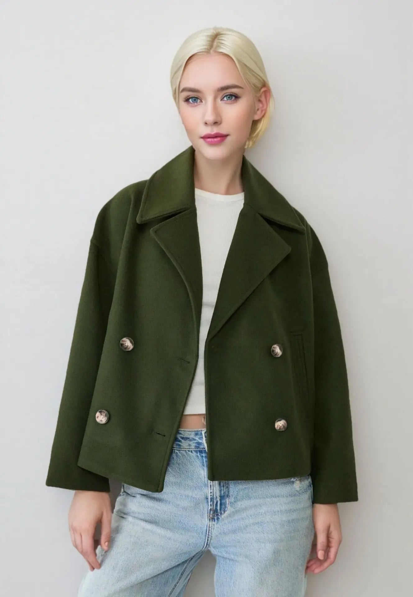 Autumn New European American Style Women's Fashion Temperament Lapel Double-breasted Short Woolen Jacket