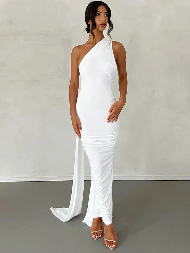 Hugcitar One Shoulder Backless Adjustable Scarf Loop Ruched Sexy Maxi Dress Women Elegant Y2K Streetwear Festival Outfit