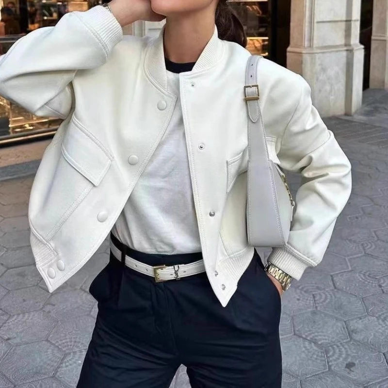 Autumn Jacket with Stand Collar, Double Pockets, Solid Color, Biker Pilot Jacket for Women
