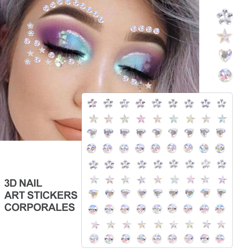 3D Rhinestone Face Tattoo Stickers For Festival Glitter Makeup Jewelry Sticker On Face Crystals Gems Jewels Diamonds Decoration