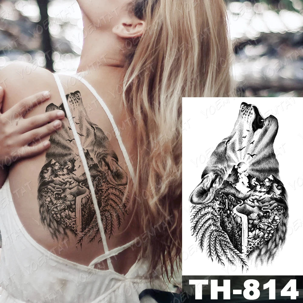 Wholesale Waterproof Temporary Tattoo Sticker Lion Family Flash Tatto Tiger Wolf Moon Crown Flower Body Art Arm Fake Tatoo