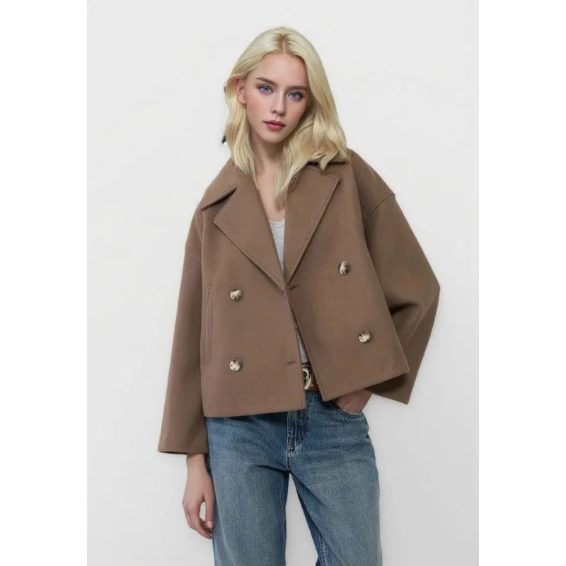 Autumn New European American Style Women's Fashion Temperament Lapel Double-breasted Short Woolen Jacket