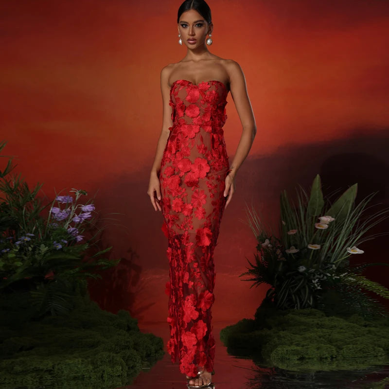 Embroidered Strapless Party Dress – Slim Fit Ankle-Length Gown