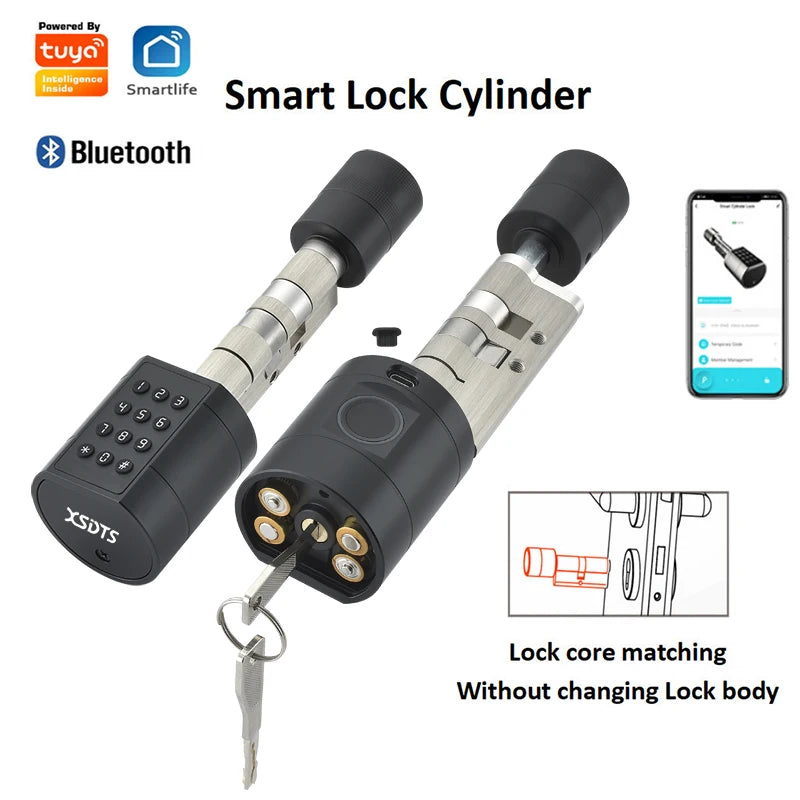Tuya APP Fingerprint Cylinder Electronic Smart Door Lock Digital Keypad Code Key Card Remote Control Adjustable Home Apartment