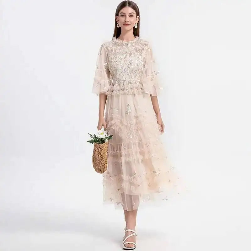 Luxury Embroidery Ruffle Midi Dress – Elegant Puff Sleeve Party Gown
