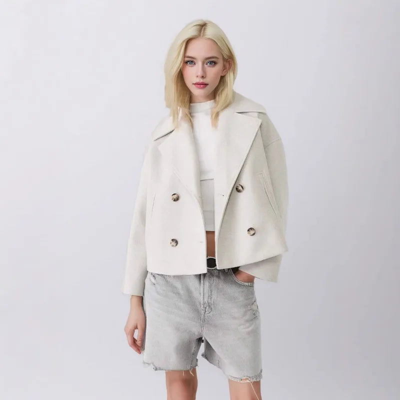 Autumn New European American Style Women's Fashion Temperament Lapel Double-breasted Short Woolen Jacket