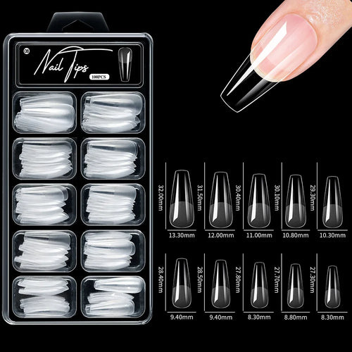 100pcs/box Fake Nail Tips Coffin Press on Nail Clear Full Cover Nail Artificial Press on Long Ballerina
