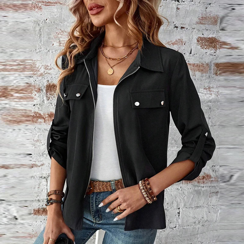 Autumn Women Jacket Coats Turn Down Collar Solid Long Sleeve Biker Jacket For Women Fashion Bomber jacket