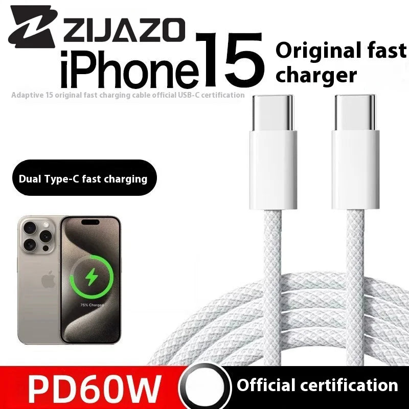 ZIJAZO USB-C to Type C Color Cable For Apple iPhone 15 PD 60W Fast Charging For Huawei Xiaomi Samsung Type C Weaving Cable