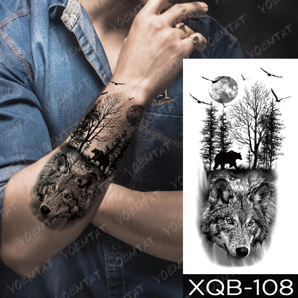 Wholesale Waterproof Temporary Tattoo Sticker Lion Family Flash Tatto Tiger Wolf Moon Crown Flower Body Art Arm Fake Tatoo