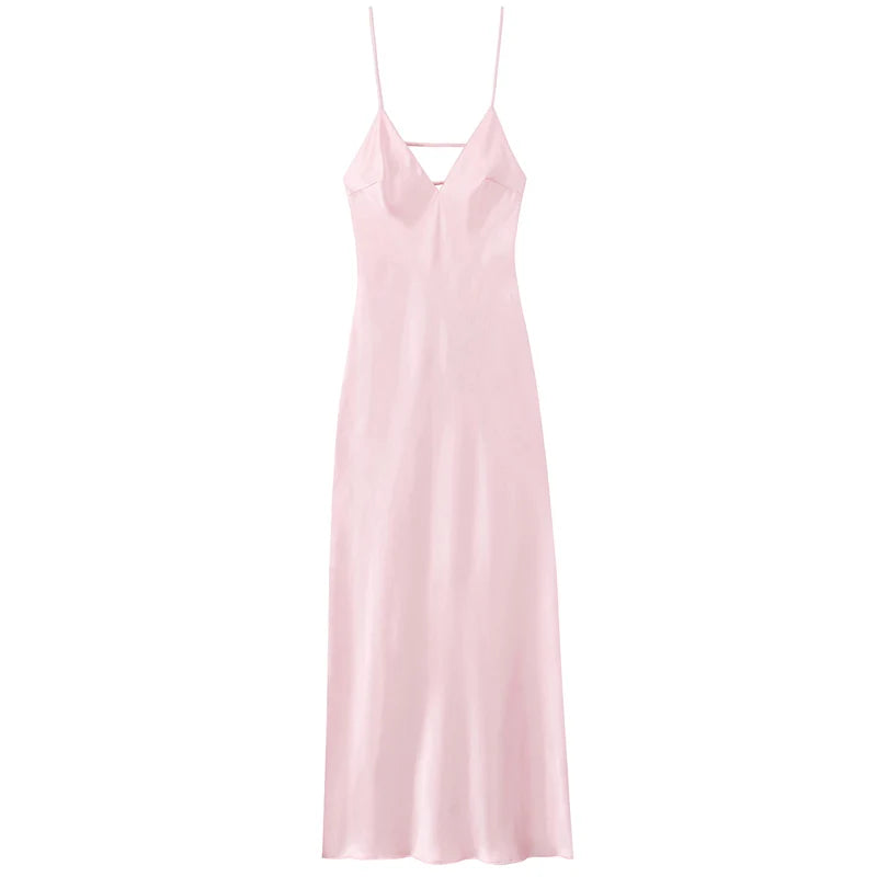 Luxe Satin V-Neck Midi Dress – Backless Slip Evening Party Dress