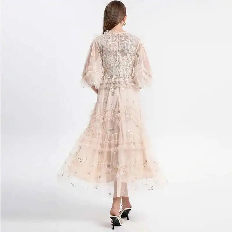 Luxury Embroidery Ruffle Midi Dress – Elegant Puff Sleeve Party Gown