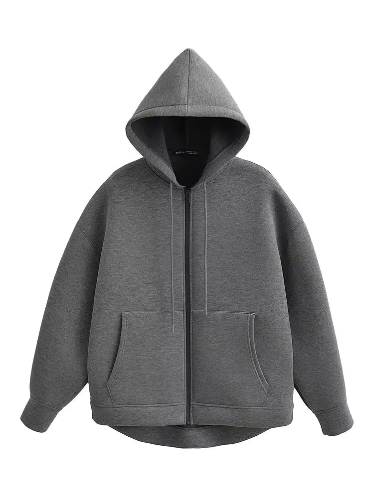 Women's Hooded Jacket with Pockets – Casual Zip-Up Coat