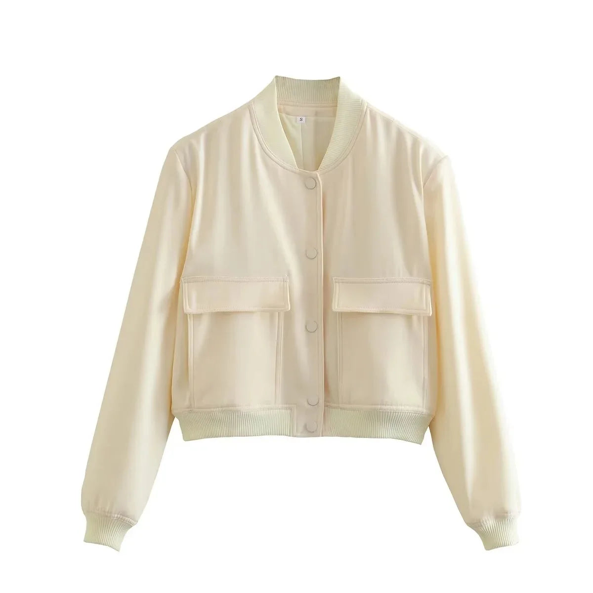 Autumn Jacket with Stand Collar, Double Pockets, Solid Color, Biker Pilot Jacket for Women