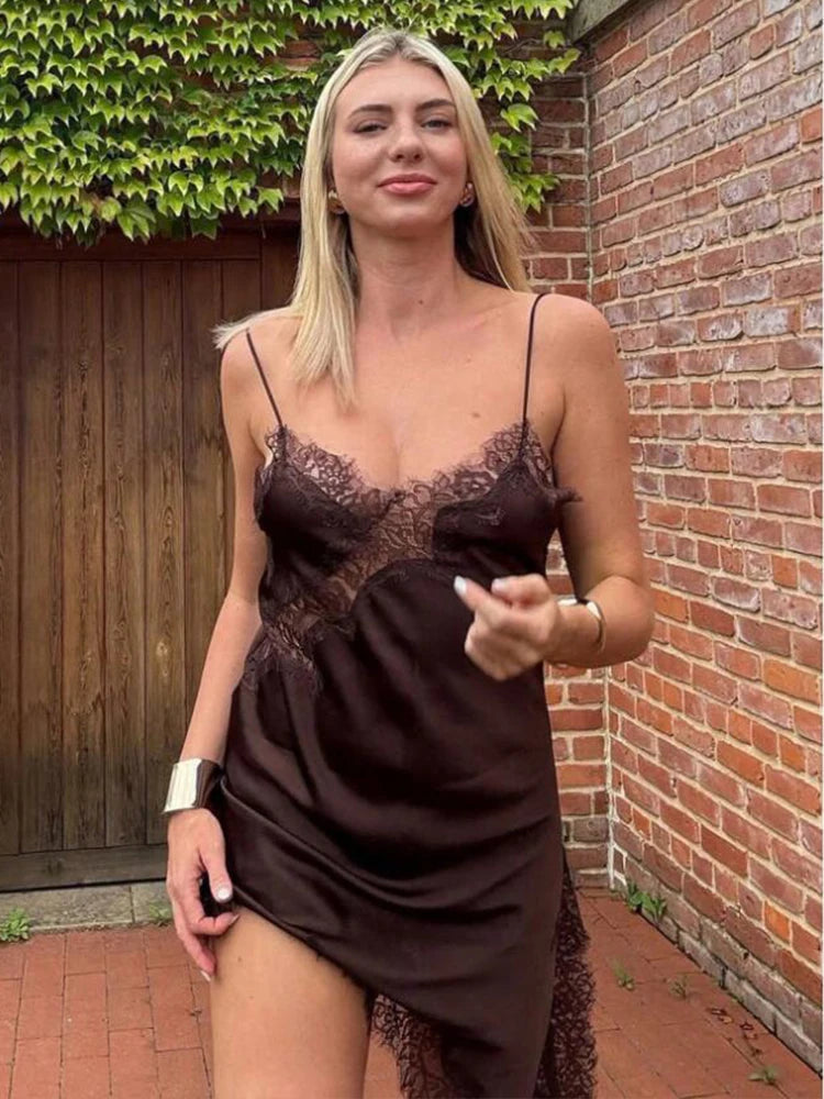Luxe Lace-Spliced Satin Mini Dress – Sleeveless Backless Party Dress