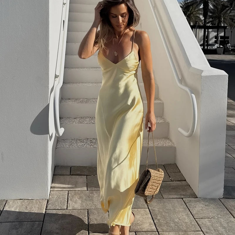 Luxe Satin V-Neck Midi Dress – Backless Slip Evening Party Dress