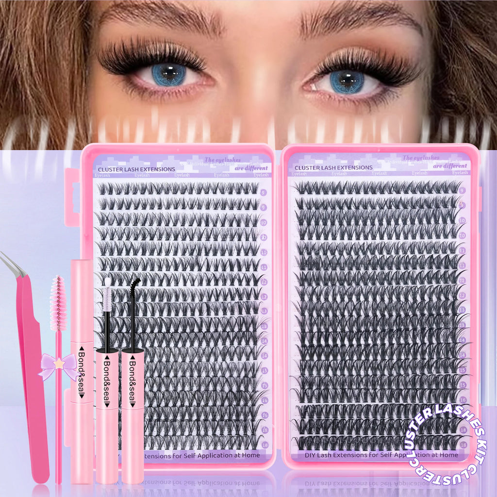 720/200pcs eyelash Extension Kit Fluffy Eyelash Extension kit with Lash Bond and Seal Lash Tweezers Thick Lash Clusters Wispy