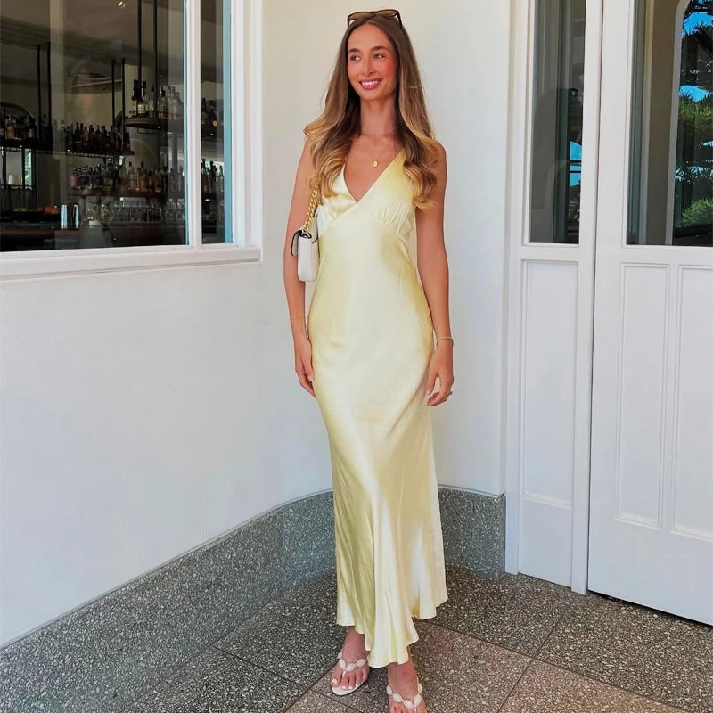 Luxe Satin V-Neck Midi Dress – Backless Slip Evening Party Dress