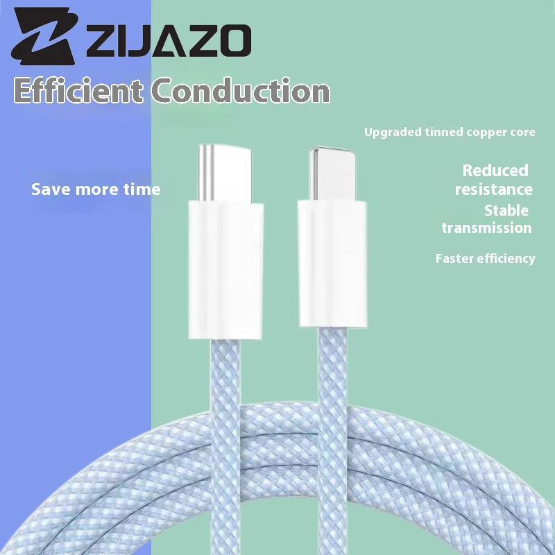ZIJAZO USB-C to Type C Color Cable For Apple iPhone 15 PD 60W Fast Charging For Huawei Xiaomi Samsung Type C Weaving Cable