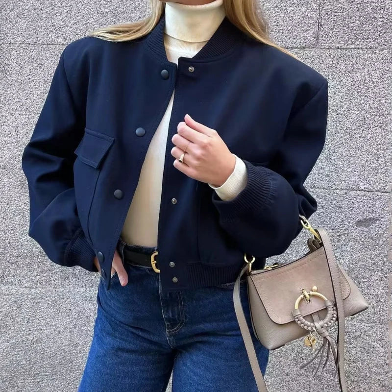 Autumn Jacket with Stand Collar, Double Pockets, Solid Color, Biker Pilot Jacket for Women