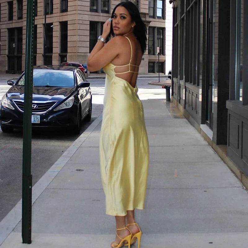 Luxe Satin V-Neck Midi Dress – Backless Slip Evening Party Dress