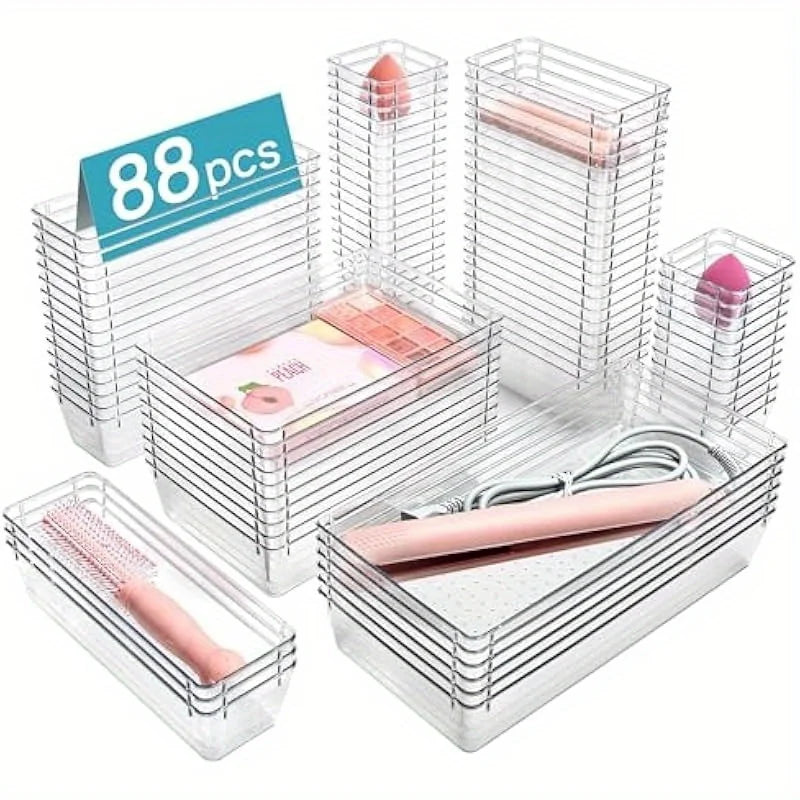 88pcs Transparent Plastic Drawer Storage Set, Bathroom Drawer Storage Tray Storage Box, Suitable for Makeup Vanity, Kitchen Gadg