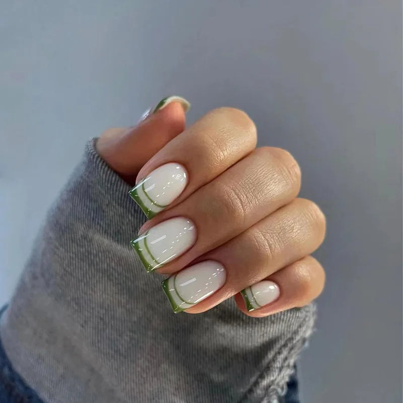 24Pcs French Tip Handmade Press On Nails Minimalist Solid Color Fake Nails Medium Square Full Cover Press On Nail Tips With Glue
