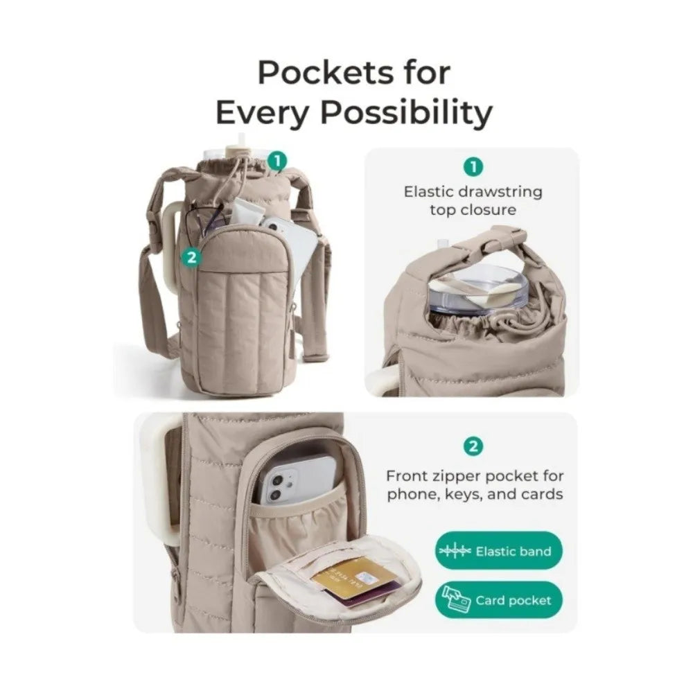 Stylish Water-resistant Water Bottle Holder Bag Large Capacity with Strap Insulating Cup Sleeve Portable Carrier Bag for Women