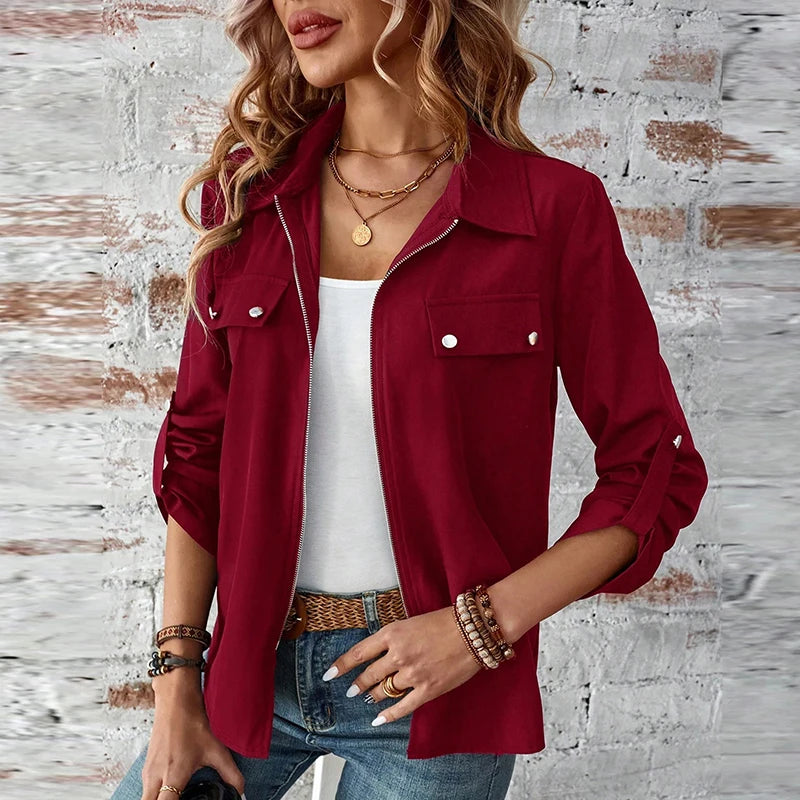 Autumn Women Jacket Coats Turn Down Collar Solid Long Sleeve Biker Jacket For Women Fashion Bomber jacket