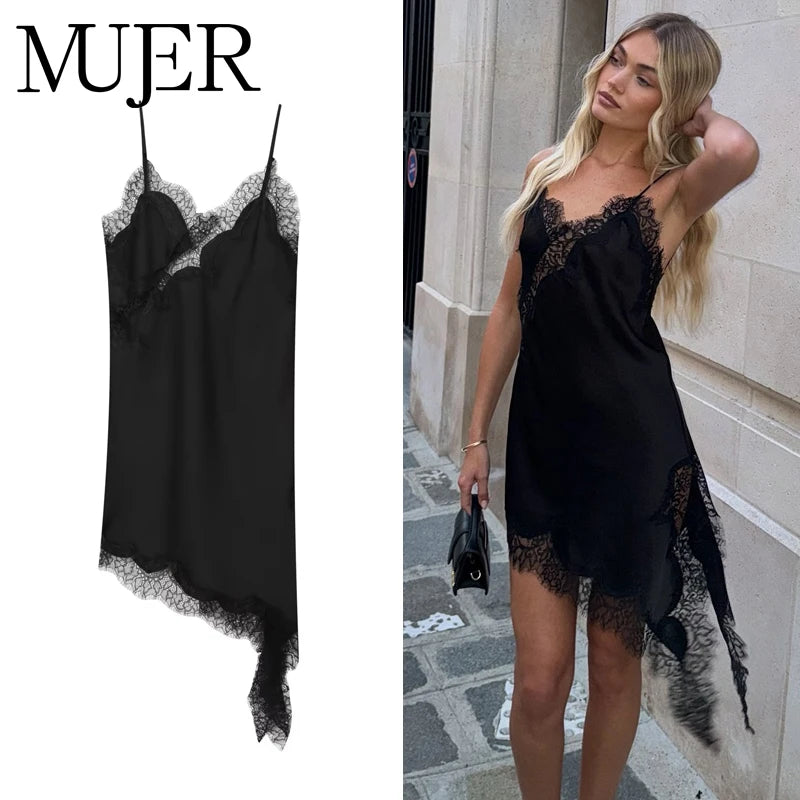 Luxe Satin Lace Slip Dress – Backless Asymmetric Mini Dress