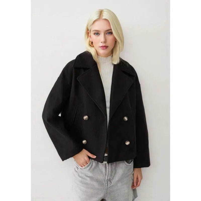 Autumn New European American Style Women's Fashion Temperament Lapel Double-breasted Short Woolen Jacket