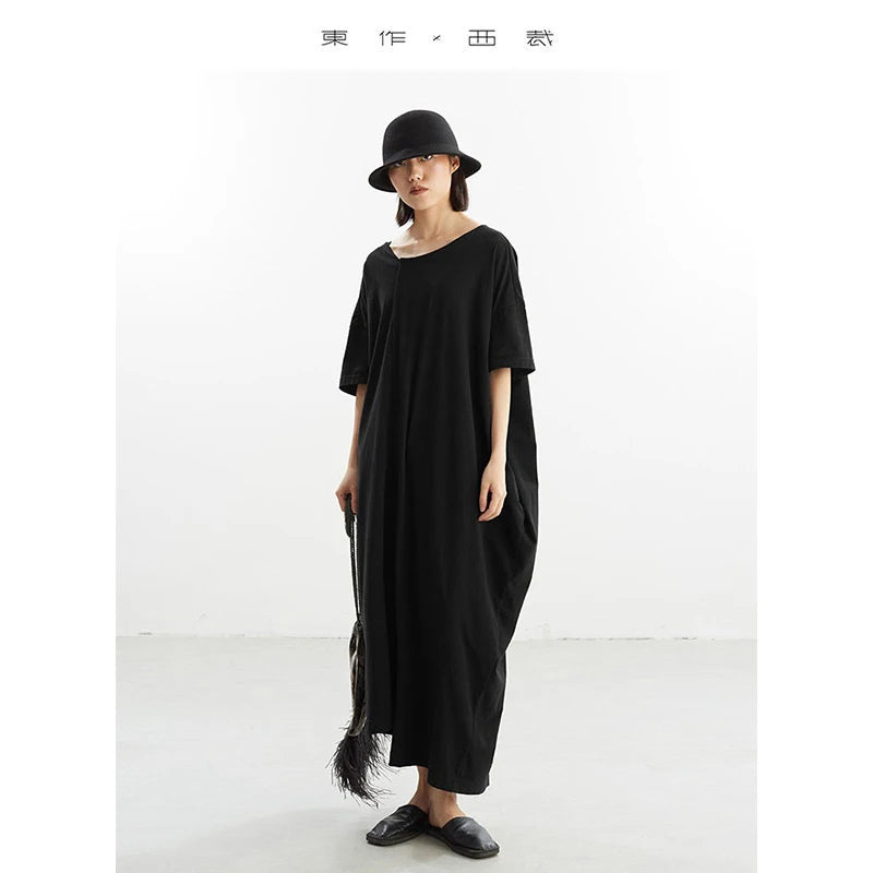 100% Cotton Asymmetric Loose Midi Dress – Casual T-Shirt Style