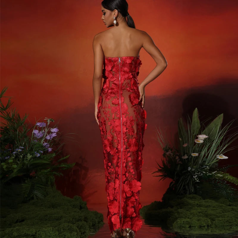 Embroidered Strapless Party Dress – Slim Fit Ankle-Length Gown