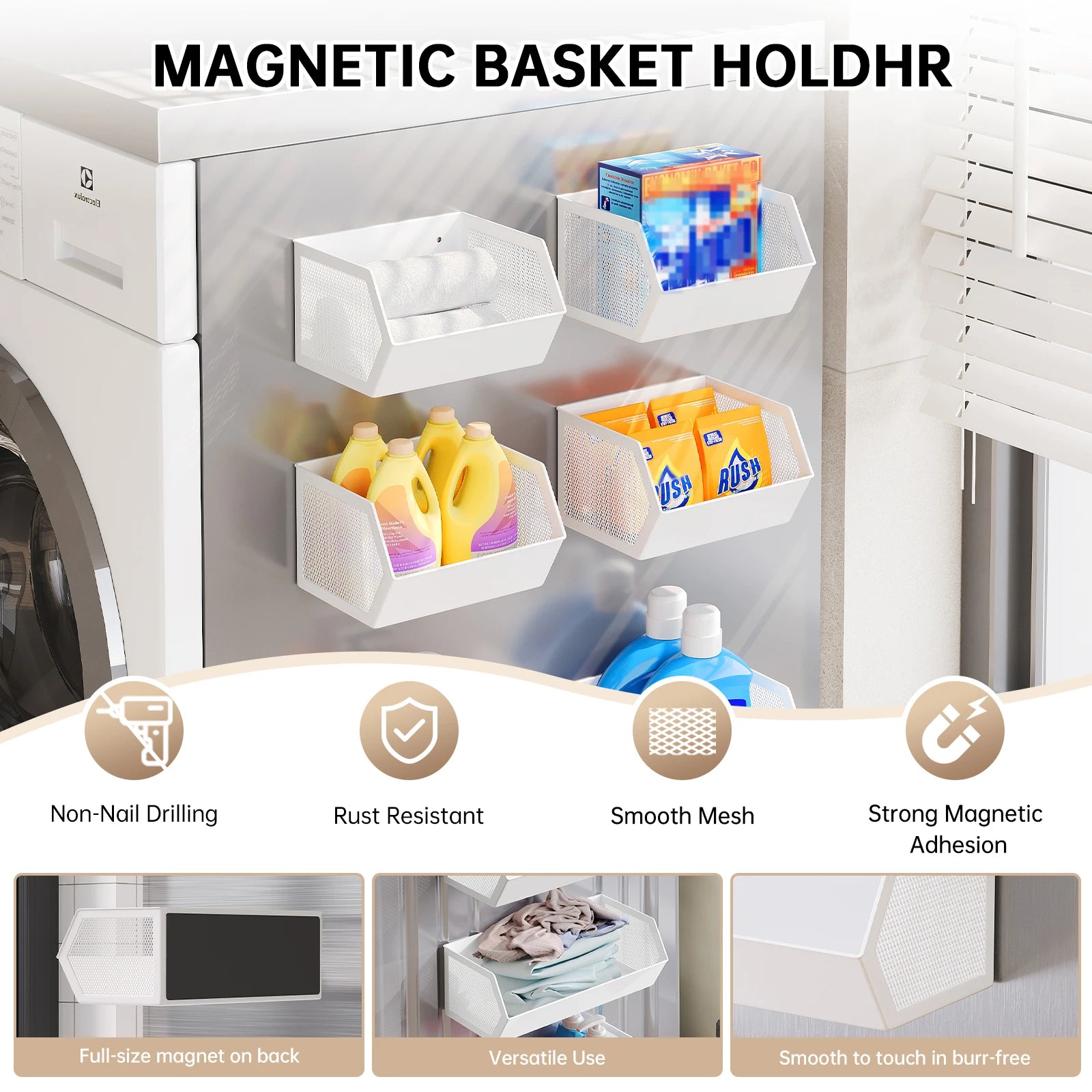 Magnetic Storage Rack for Balcony, Side of Washing Machine, Laundry Detergent Drying Ball, Bathroom Roller Side Magnetic Storage Shelf, No Drilling Required