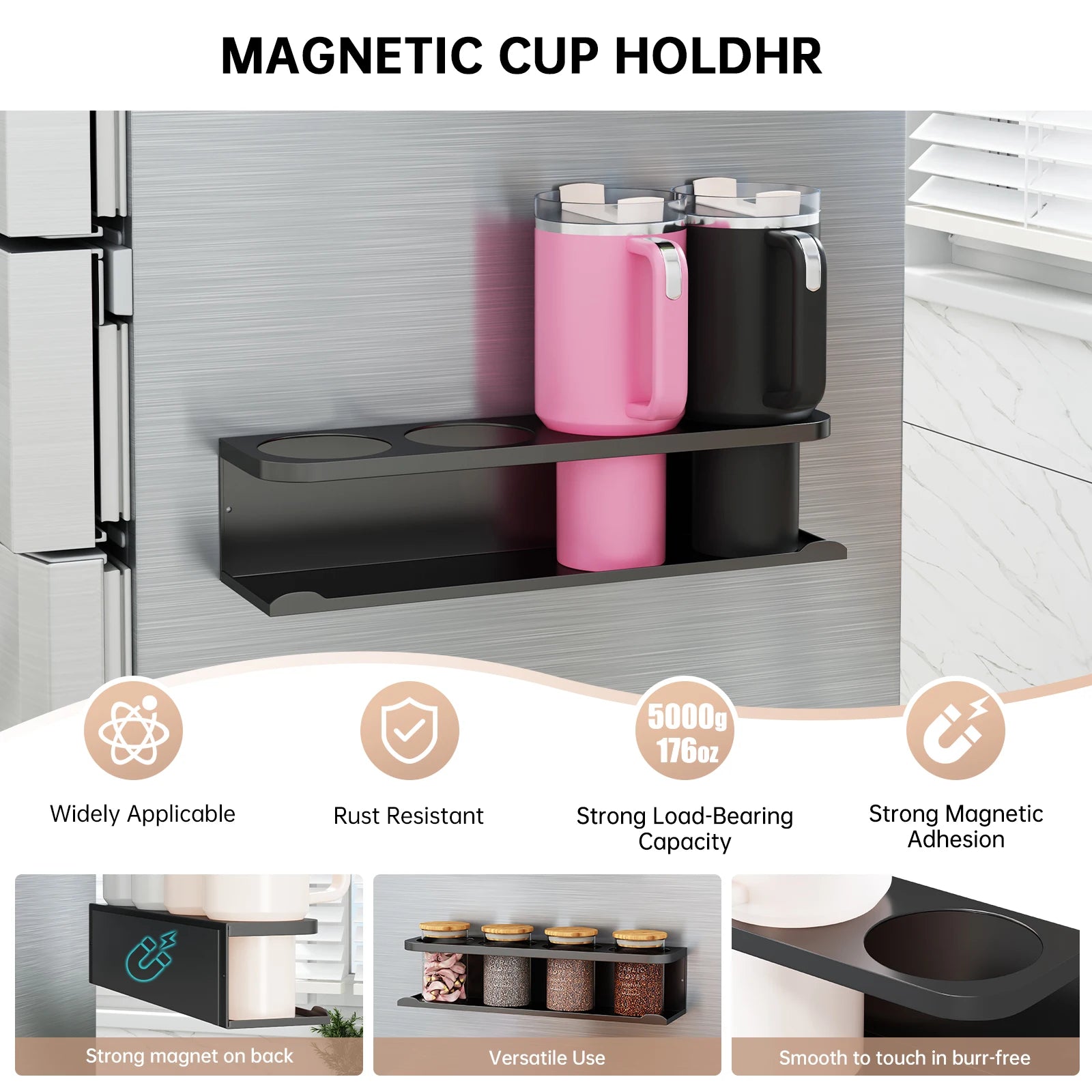 Magnetic Cup Holder, Stylish Sports Water Cup Organizer, Can Hold 3/4 Cups, Magnetic Cup Rack for Refrigerator Side, Suitable for Kitchen, Gym, Yoga Room, Car, Compatible with Stanley Cups