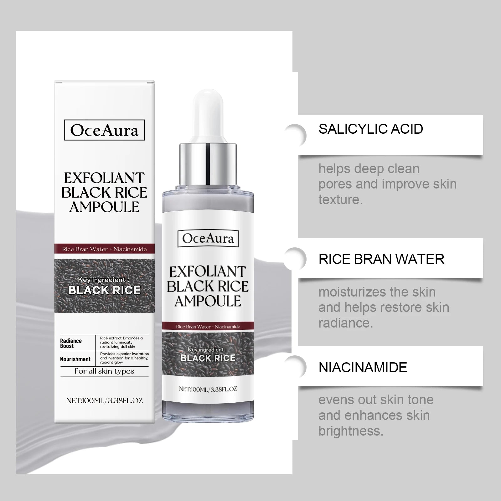 Black&White Rice Exfoliating Essence Dead Skin Remover Facial Glowing Replenisning Shrink Pore Hyaluronic Acid Brightening Serum