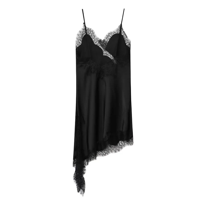 Luxe Satin Lace Slip Dress – Backless Asymmetric Mini Dress