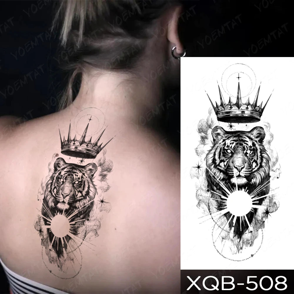 Wholesale Waterproof Temporary Tattoo Sticker Lion Family Flash Tatto Tiger Wolf Moon Crown Flower Body Art Arm Fake Tatoo
