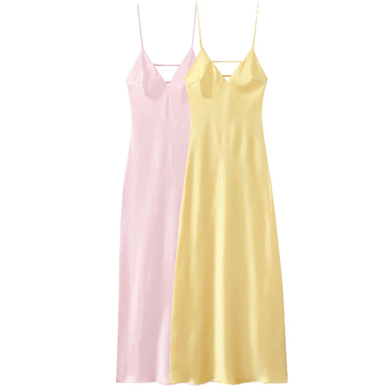 Luxe Satin V-Neck Midi Dress – Backless Slip Evening Party Dress