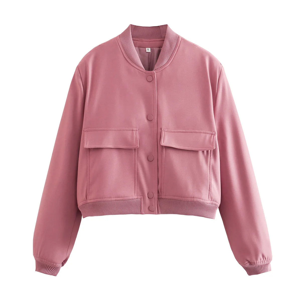 Autumn Jacket with Stand Collar, Double Pockets, Solid Color, Biker Pilot Jacket for Women