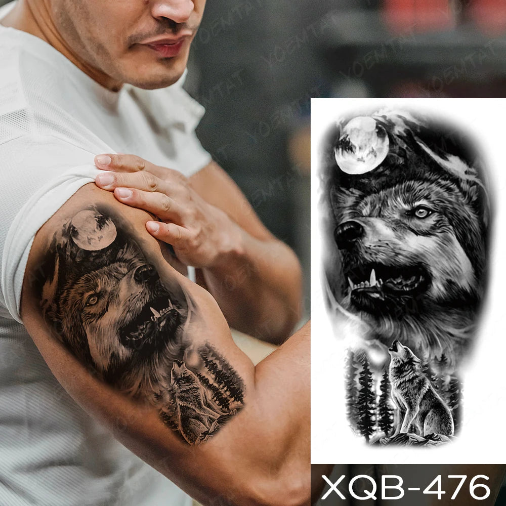 Wholesale Waterproof Temporary Tattoo Sticker Lion Family Flash Tatto Tiger Wolf Moon Crown Flower Body Art Arm Fake Tatoo