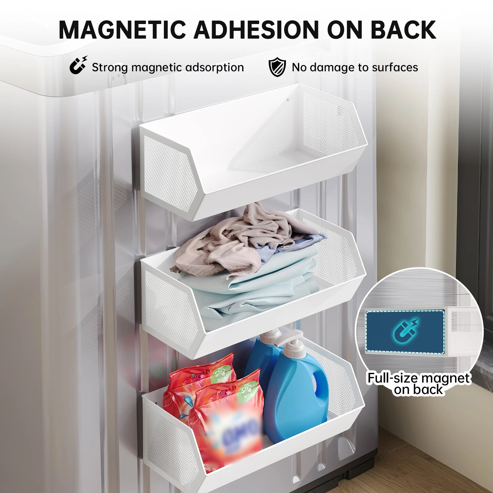 Magnetic Storage Rack for Balcony, Side of Washing Machine, Laundry Detergent Drying Ball, Bathroom Roller Side Magnetic Storage Shelf, No Drilling Required