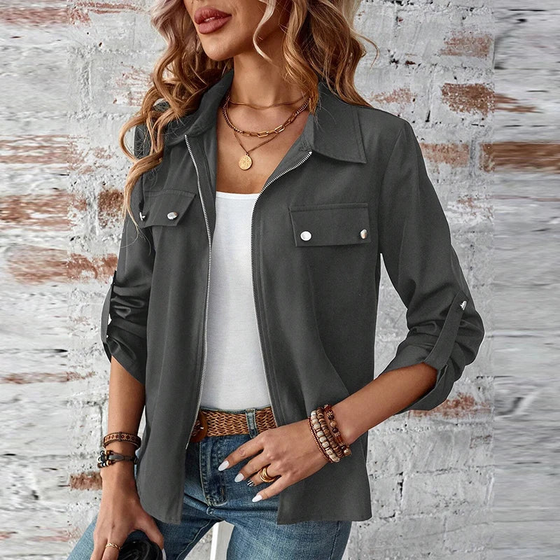 Autumn Women Jacket Coats Turn Down Collar Solid Long Sleeve Biker Jacket For Women Fashion Bomber jacket