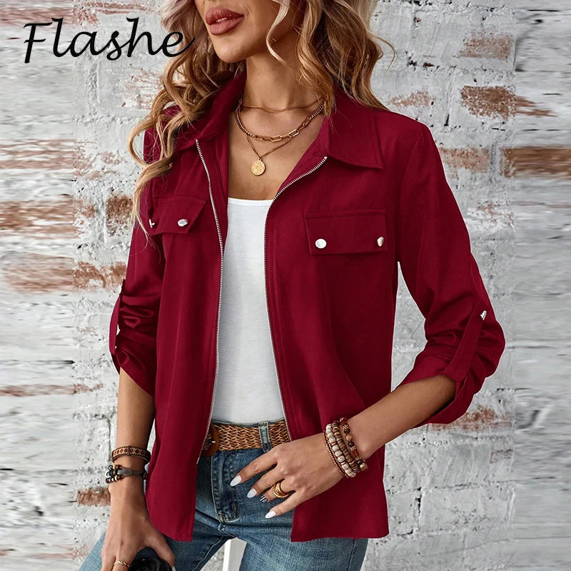 Autumn Women Jacket Coats Turn Down Collar Solid Long Sleeve Biker Jacket For Women Fashion Bomber jacket