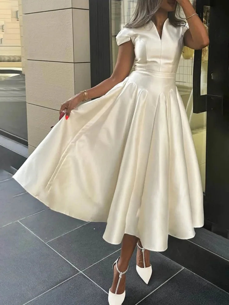 Women's Elegant V-Neck Midi Dress – A-Line Pleated Party Dress