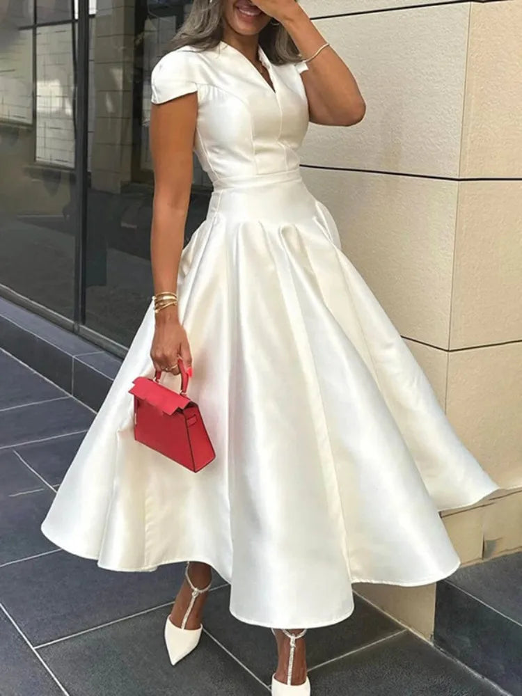 Women's Elegant V-Neck Midi Dress – A-Line Pleated Party Dress