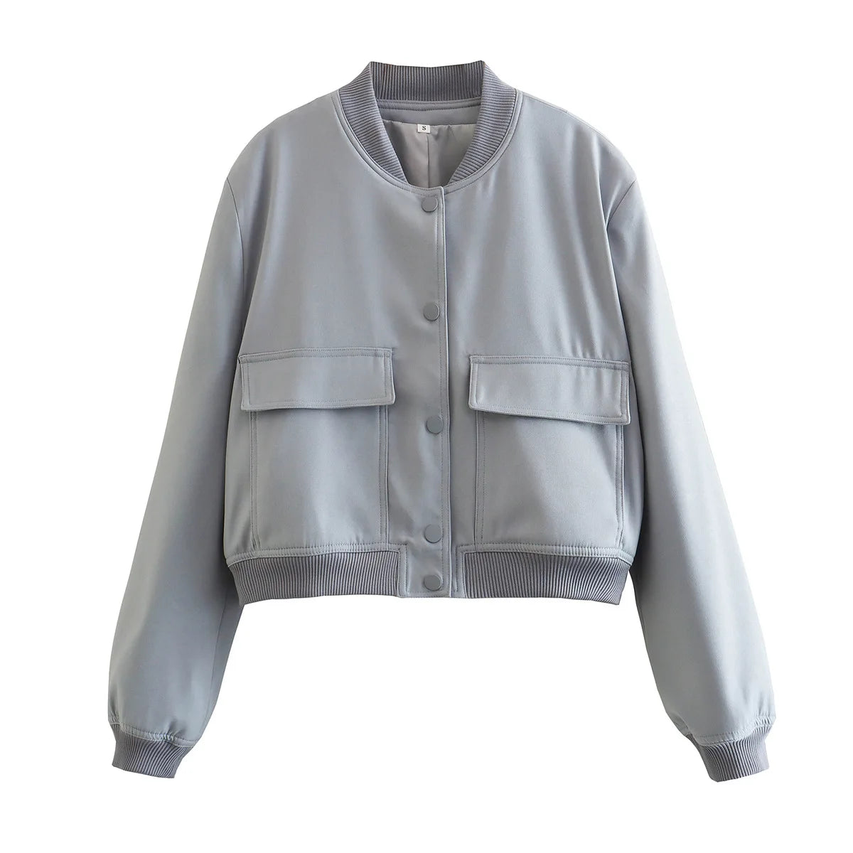 Autumn Jacket with Stand Collar, Double Pockets, Solid Color, Biker Pilot Jacket for Women
