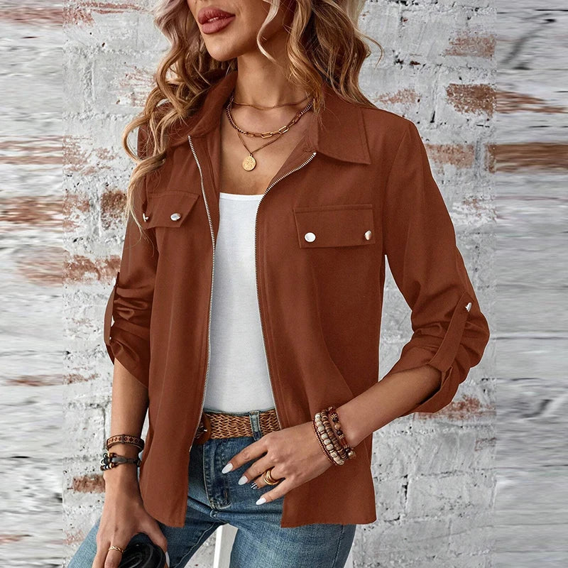 Autumn Women Jacket Coats Turn Down Collar Solid Long Sleeve Biker Jacket For Women Fashion Bomber jacket