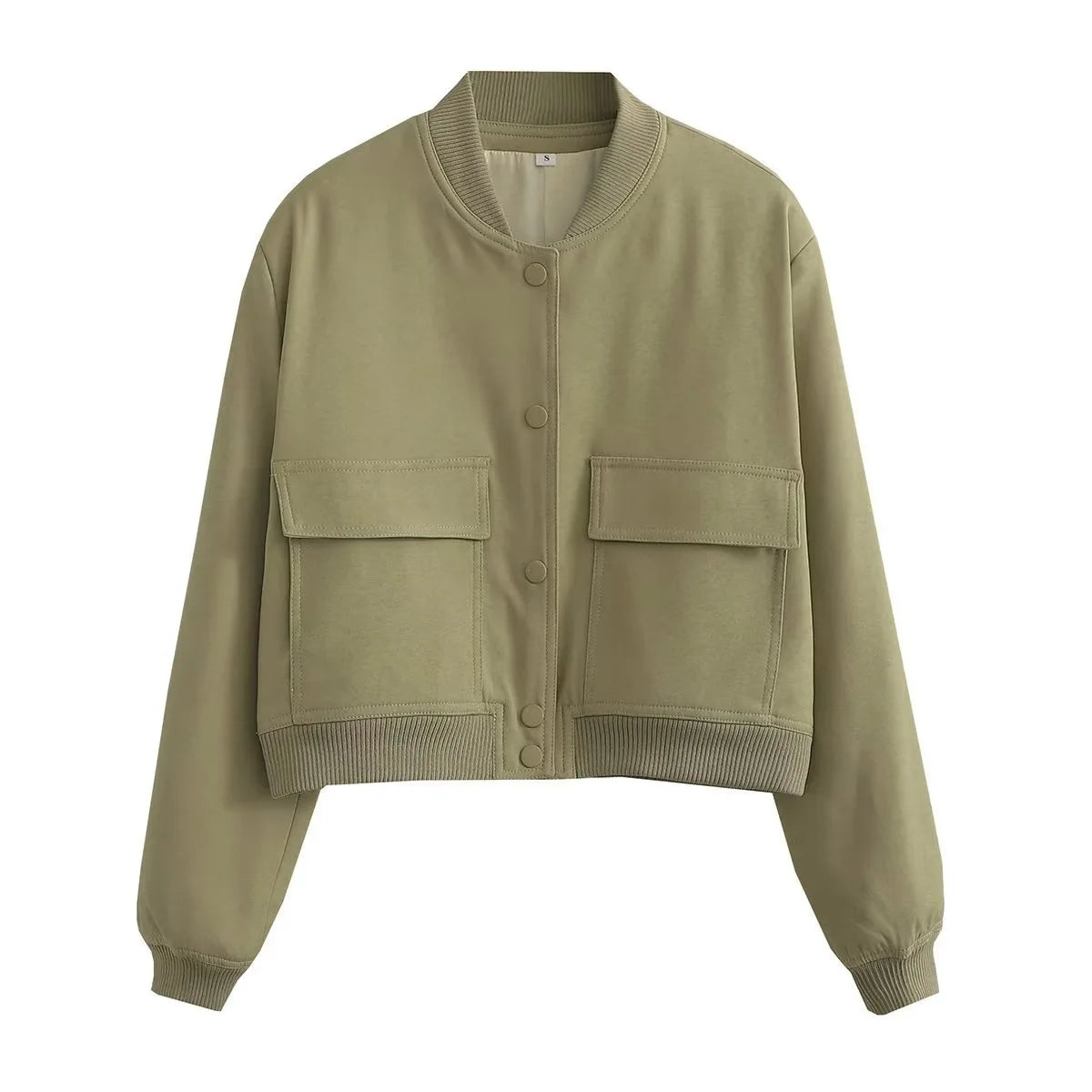 Autumn Jacket with Stand Collar, Double Pockets, Solid Color, Biker Pilot Jacket for Women
